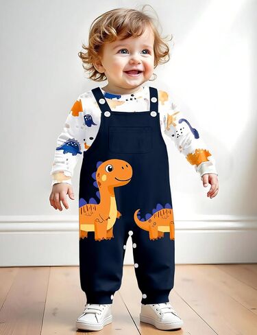 BAVADER Baby Boy Clothes Infant Dinosaur Romper Overalls 2PCS Clothing Set | Infant Boy Clothes Long Sleeve Baby Bodysuit Adjustable Overalls Baby Boys' Clothing Sets Dinosaur Fall Winter Outfits in Saudi Arabia