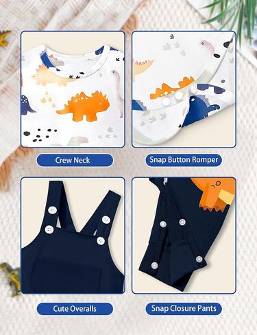 BAVADER Baby Boy Clothes Infant Dinosaur Romper Overalls 2PCS Clothing Set | Infant Boy Clothes Long Sleeve Baby Bodysuit Adjustable Overalls Baby Boys' Clothing Sets Dinosaur Fall Winter Outfits in Saudi Arabia