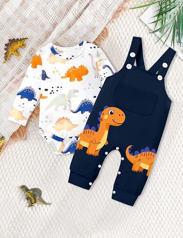 BAVADER Baby Boy Clothes Infant Dinosaur Romper Overalls 2PCS Clothing Set | Infant Boy Clothes Long Sleeve Baby Bodysuit Adjustable Overalls Baby Boys' Clothing Sets Dinosaur Fall Winter Outfits in Saudi Arabia