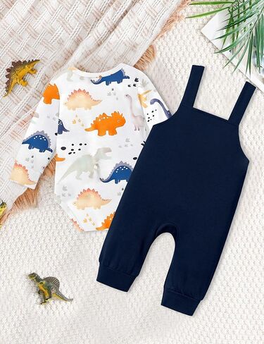 BAVADER Baby Boy Clothes Infant Dinosaur Romper Overalls 2PCS Clothing Set | Infant Boy Clothes Long Sleeve Baby Bodysuit Adjustable Overalls Baby Boys' Clothing Sets Dinosaur Fall Winter Outfits in Saudi Arabia