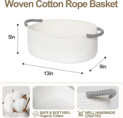 Baskets for Gifts Empty, Small Woven Cotton Rope Gift Basket for Organizing, Cute Cat Dog Toy Bin Box, Baby Nursery Storage Organizer, White Storage Bin with Brown Handles, 13" x 9" x 5" in Saudi Arabia