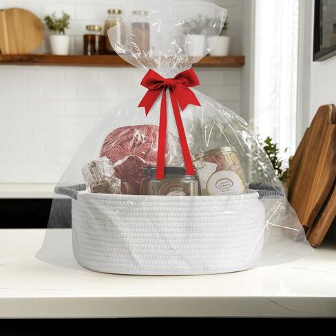 Baskets for Gifts Empty, Small Woven Cotton Rope Gift Basket for Organizing, Cute Cat Dog Toy Bin Box, Baby Nursery Storage Organizer, White Storage Bin with Brown Handles, 13" x 9" x 5" in Saudi Arabia