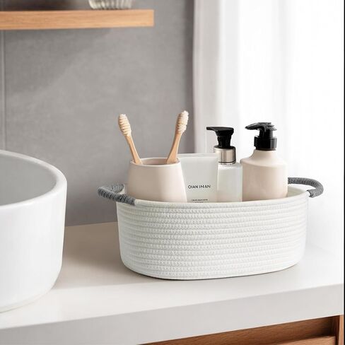 Baskets for Gifts Empty, Small Woven Cotton Rope Gift Basket for Organizing, Cute Cat Dog Toy Bin Box, Baby Nursery Storage Organizer, White Storage Bin with Brown Handles, 13" x 9" x 5" in Saudi Arabia