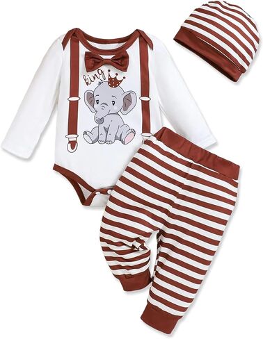 Newborn Baby Boy Clothes Boy Outfit Infant Romper Winter Fall Long Sleeves Pants Set Hat 3PC in Kuwait