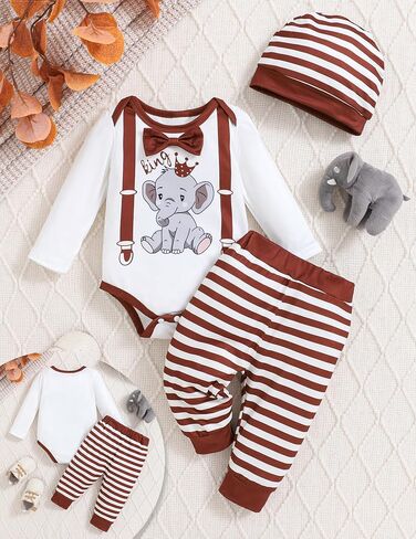 Newborn Baby Boy Clothes Boy Outfit Infant Romper Winter Fall Long Sleeves Pants Set Hat 3PC in Kuwait