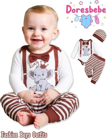 Newborn Baby Boy Clothes Boy Outfit Infant Romper Winter Fall Long Sleeves Pants Set Hat 3PC in Kuwait