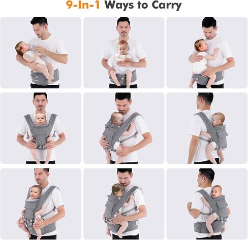 Baby Carrier Newborn to Toddler: 9-in-1 Convertible Carrier Ergonomic Infant Carriers All Seasons, M Positions, Adjustable Strap Perfect for Travel 3-36 Months Grey - Baby Carrier with Hip Seat in Kuwait
