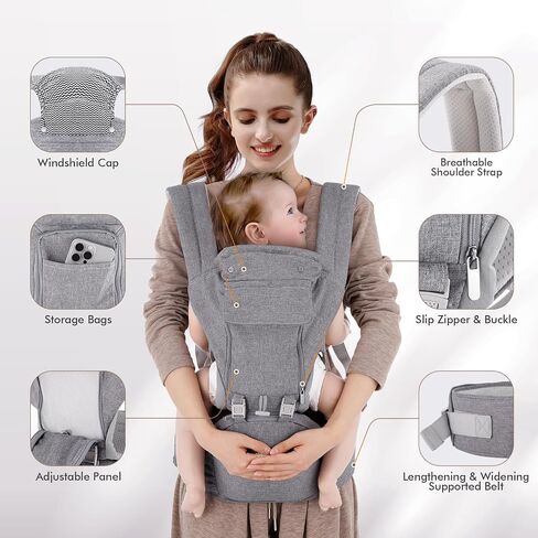 Baby Carrier Newborn to Toddler: 9-in-1 Convertible Carrier Ergonomic Infant Carriers All Seasons, M Positions, Adjustable Strap Perfect for Travel 3-36 Months Grey - Baby Carrier with Hip Seat in Kuwait