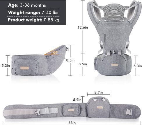 Baby Carrier Newborn to Toddler: 9-in-1 Convertible Carrier Ergonomic Infant Carriers All Seasons, M Positions, Adjustable Strap Perfect for Travel 3-36 Months Grey - Baby Carrier with Hip Seat in Kuwait