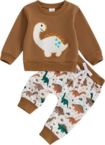 Toddler Baby Boy Fall Outfit Dino Sweatshirt Pant Set | Dinosaur Embroidery Long Sleeve 2 Piece Set, Infant Boy fall Clothes, Baby Boy Fall Clothes, 6M-3T, For Daily Wear, Birthday in Saudi Arabia
