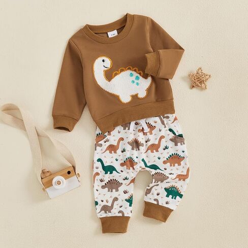Toddler Baby Boy Fall Outfit Dino Sweatshirt Pant Set | Dinosaur Embroidery Long Sleeve 2 Piece Set, Infant Boy fall Clothes, Baby Boy Fall Clothes, 6M-3T, For Daily Wear, Birthday in Saudi Arabia