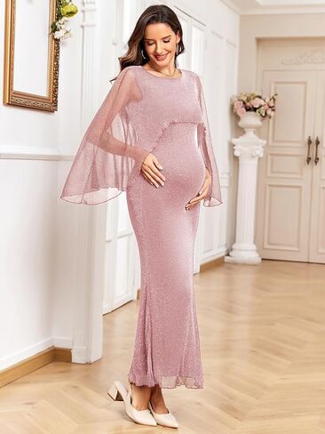 Maternity Sparkly Cape Mesh Dress Maxi Mermaid Bodycon Pregnancy Dresses Wedding Guest Baby Shower Formal Dress in Kuwait