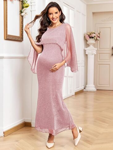 Maternity Sparkly Cape Mesh Dress Maxi Mermaid Bodycon Pregnancy Dresses Wedding Guest Baby Shower Formal Dress in Kuwait