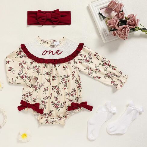 GRNSHTS Baby Girl 1st Birthday Outfits One Year Old Printed Romper Embroidery Bodysuit Cake Smash Clothes in Saudi Arabia
