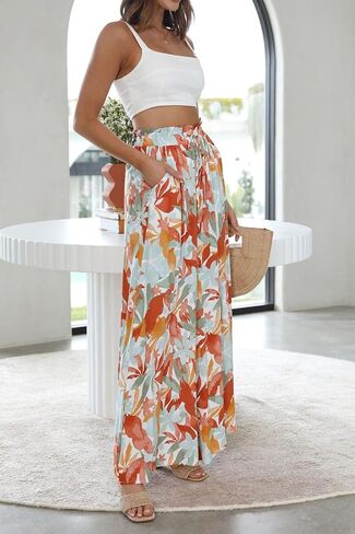 YOCUR Women Summer Beach Vacation Pants High Waisted Wide Leg Pants Printed Loose Flowy Palazzo Lounge Trousers in Kuwait