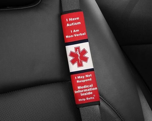 Autism/Non-Verbal/May Not Respond Awareness Medical Alert Seatbelt Cover for Kids and Adults with Emergency Information Form and Pocket by Help Belts. (Red, 9 Inch Full) in Saudi Arabia