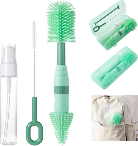 Travel Bottle Brush, 6-in-1 Travel Bottle Cleaner kit with Bottle Brush, Nipple Brush, Straw Brush, Soap Dispenser, Drying Rack, Storage Box, Portable Baby Travel Essentials, BPA-Free(Pink) in Kuwait