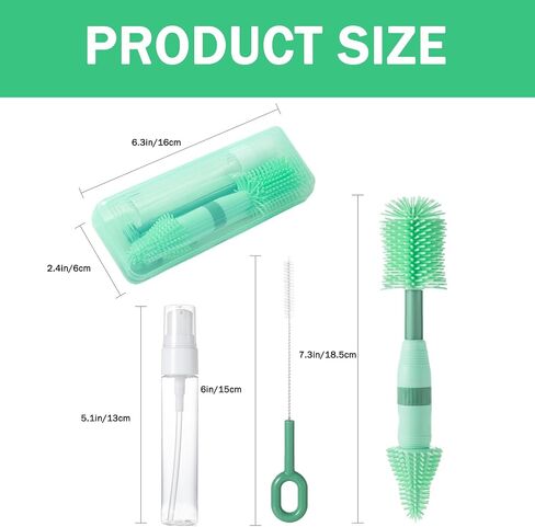 Travel Bottle Brush, 6-in-1 Travel Bottle Cleaner kit with Bottle Brush, Nipple Brush, Straw Brush, Soap Dispenser, Drying Rack, Storage Box, Portable Baby Travel Essentials, BPA-Free(Pink) in Kuwait