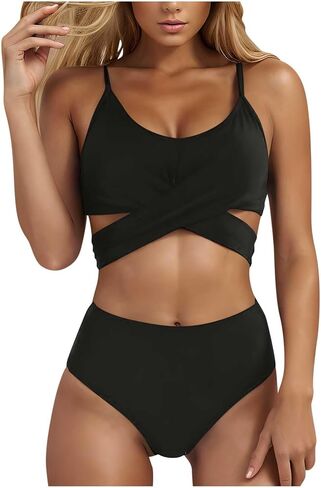Bikini with Shorts for Women Two Piece Crisscross Cutout Swimsuit Boyshorts 2PC High Waisted Bathing Suits Swimwear in Saudi Arabia