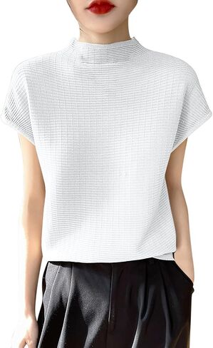 Women's Summer Short Sleeve Tops Ribbed Knit Basic Tee Casual T Shirts Blouse Casual Loose Fit Mock Neck Blouse in Saudi Arabia