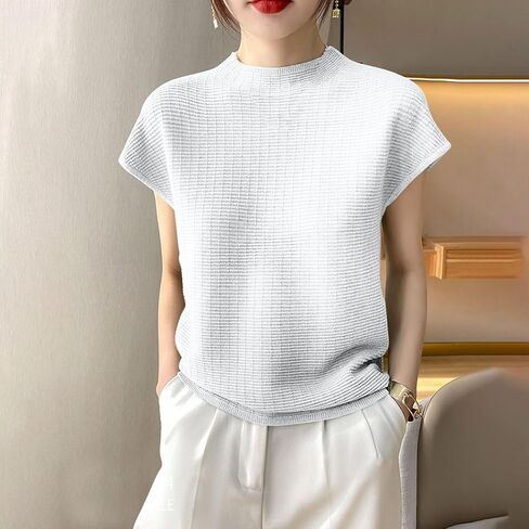 Women's Summer Short Sleeve Tops Ribbed Knit Basic Tee Casual T Shirts Blouse Casual Loose Fit Mock Neck Blouse in Saudi Arabia