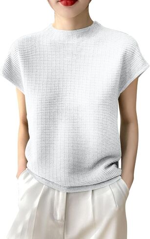 Women's Summer Short Sleeve Tops Ribbed Knit Basic Tee Casual T Shirts Blouse Casual Loose Fit Mock Neck Blouse in Saudi Arabia