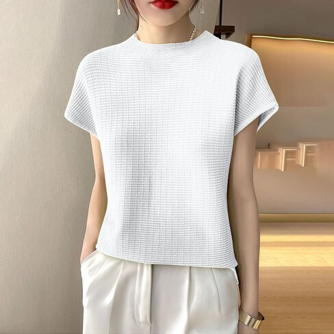 Women's Summer Short Sleeve Tops Ribbed Knit Basic Tee Casual T Shirts Blouse Casual Loose Fit Mock Neck Blouse in Saudi Arabia