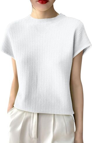 Women's Summer Short Sleeve Tops Ribbed Knit Basic Tee Casual T Shirts Blouse Casual Loose Fit Mock Neck Blouse in Saudi Arabia