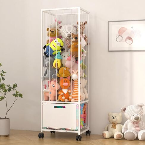 Bukfen Metal Stuffed Animal Storage Zoo Extra Large Stuffed Animal Holder Space Save Toy Organizer PVC with Basket and Wheels for Nursery Playroom Bedroom,D15.75 x W12.68 x H51.18 inch,White in Saudi Arabia