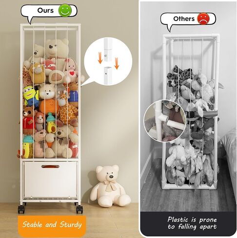 Bukfen Metal Stuffed Animal Storage Zoo Extra Large Stuffed Animal Holder Space Save Toy Organizer PVC with Basket and Wheels for Nursery Playroom Bedroom,D15.75 x W12.68 x H51.18 inch,White in Saudi Arabia