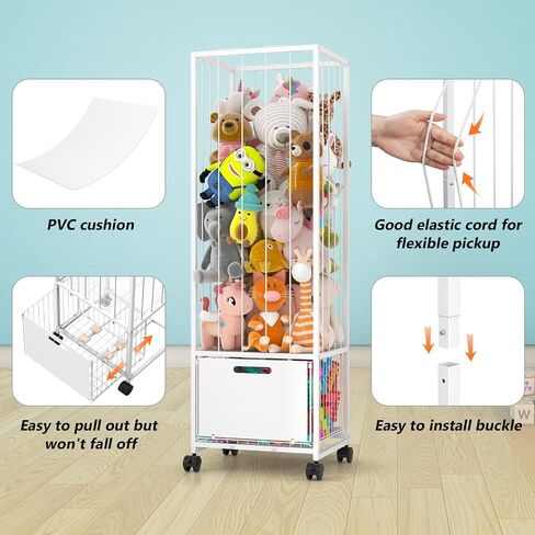 Bukfen Metal Stuffed Animal Storage Zoo Extra Large Stuffed Animal Holder Space Save Toy Organizer PVC with Basket and Wheels for Nursery Playroom Bedroom,D15.75 x W12.68 x H51.18 inch,White in Saudi Arabia