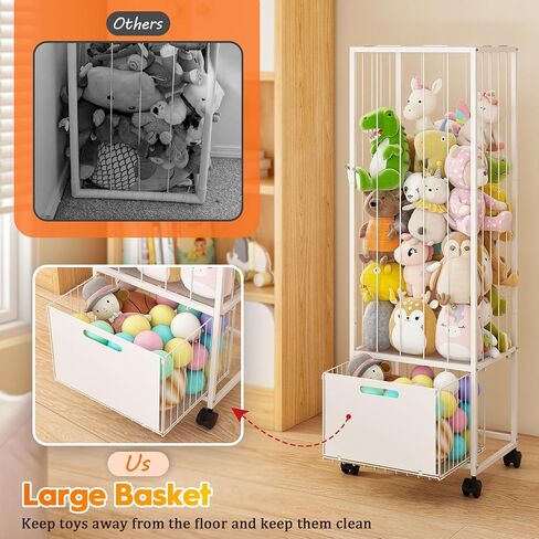 Bukfen Metal Stuffed Animal Storage Zoo Extra Large Stuffed Animal Holder Space Save Toy Organizer PVC with Basket and Wheels for Nursery Playroom Bedroom,D15.75 x W12.68 x H51.18 inch,White in Saudi Arabia