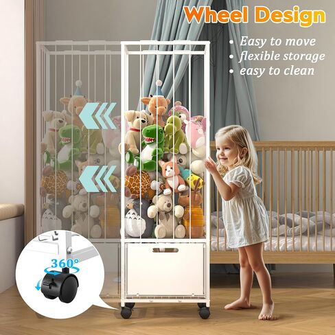 Bukfen Metal Stuffed Animal Storage Zoo Extra Large Stuffed Animal Holder Space Save Toy Organizer PVC with Basket and Wheels for Nursery Playroom Bedroom,D15.75 x W12.68 x H51.18 inch,White in Saudi Arabia