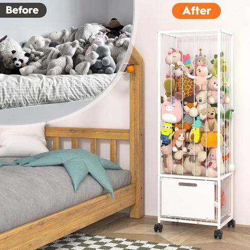 Bukfen Metal Stuffed Animal Storage Zoo Extra Large Stuffed Animal Holder Space Save Toy Organizer PVC with Basket and Wheels for Nursery Playroom Bedroom,D15.75 x W12.68 x H51.18 inch,White in Saudi Arabia