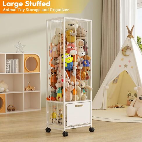 Bukfen Metal Stuffed Animal Storage Zoo Extra Large Stuffed Animal Holder Space Save Toy Organizer PVC with Basket and Wheels for Nursery Playroom Bedroom,D15.75 x W12.68 x H51.18 inch,White in Saudi Arabia
