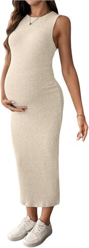 MakeMeChic Women's Maternity Dress Sleeveless Pregnancy Tank Crew Neck Casual Bodycon Maxi Dresses in Saudi Arabia