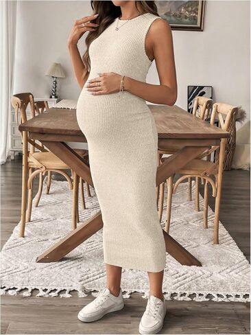 MakeMeChic Women's Maternity Dress Sleeveless Pregnancy Tank Crew Neck Casual Bodycon Maxi Dresses in Saudi Arabia