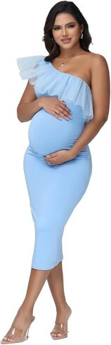JustVH Women's Maternity One Shoulder Mesh Collar Baby Shower Midi Dress for Photoshoot Party Bodycon Dress in Saudi Arabia