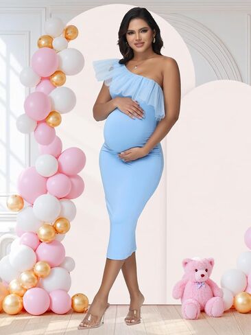 JustVH Women's Maternity One Shoulder Mesh Collar Baby Shower Midi Dress for Photoshoot Party Bodycon Dress in Saudi Arabia