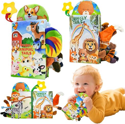Farm Crinkle Books for Babies with 10 Finger Puppets Set, Touch and Feel Cloth Soft Farm Animal Tail Baby Books 0-6 Months with Teething Toy, Infant Toys 6-12 Months, Baby Shower Birthday Gifts in Kuwait