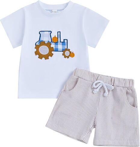 Toddler Boy Halloween Outfit Pumpkin Embroidery Short Sleeve Shirt Plaid Shorts Toddler Boy Halloween Clothes in Saudi Arabia