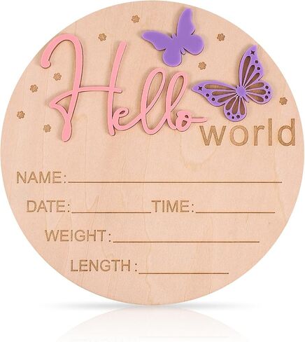 Baby Announcement Sign, 5.9 Inch Wooden Hello World Newborn Welcome Sign Birth Baby Boys Girls Name Plaques for Hospital Nursery Gift Photo Props (Butterfly) in Saudi Arabia