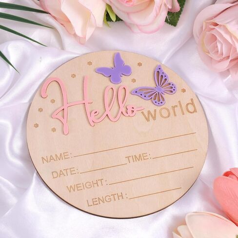 Baby Announcement Sign, 5.9 Inch Wooden Hello World Newborn Welcome Sign Birth Baby Boys Girls Name Plaques for Hospital Nursery Gift Photo Props (Butterfly) in Saudi Arabia