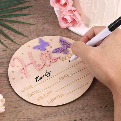 Baby Announcement Sign, 5.9 Inch Wooden Hello World Newborn Welcome Sign Birth Baby Boys Girls Name Plaques for Hospital Nursery Gift Photo Props (Butterfly) in Saudi Arabia