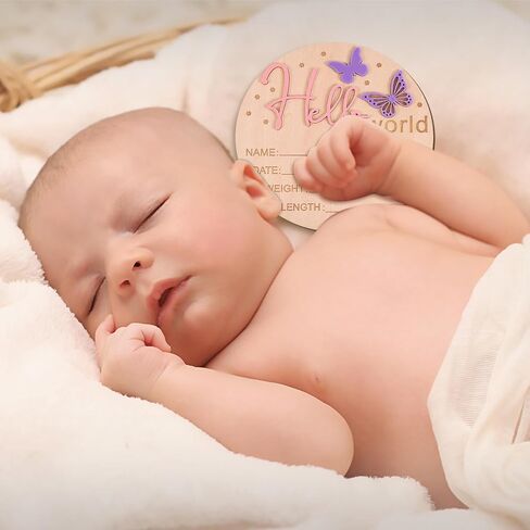 Baby Announcement Sign, 5.9 Inch Wooden Hello World Newborn Welcome Sign Birth Baby Boys Girls Name Plaques for Hospital Nursery Gift Photo Props (Butterfly) in Saudi Arabia