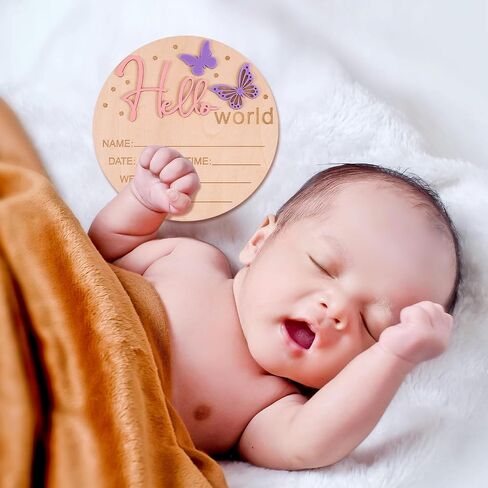 Baby Announcement Sign, 5.9 Inch Wooden Hello World Newborn Welcome Sign Birth Baby Boys Girls Name Plaques for Hospital Nursery Gift Photo Props (Butterfly) in Saudi Arabia