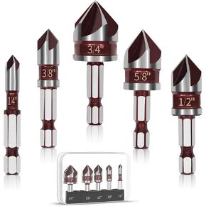 5PCS Countersink Drill Bit Set, 82 Degree Premium HSS Counter Sink Drill Bit, Size 1/4"-3/4" Quick-Change Hex Shank for Wood, Plastic, Soft Metal, Premium Drill Bits for Professionals, DIY in Saudi Arabia