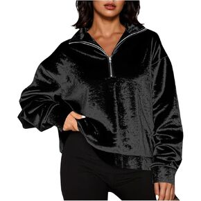 Velvet Sweatshirt for Women Casual Quarter Zip Long Sleeve Vintage Sweatshirt Trendy Dressy Velour Pullover Tops in Kuwait