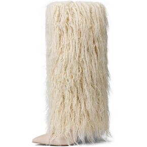 Womens Furry Boots Knee High Fold Over Tall Boot Wide Calf Pointed Toe Stiletto High Heel Fall Winter Boots for Women in Saudi Arabia