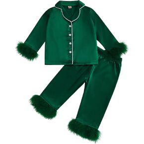 Toddler Baby Girls Silk Satin Pajamas Set Feather Trim Long Sleeve Botton Shirt Tops Pajama Pant Fuzzy Lounge Pjs in Kuwait
